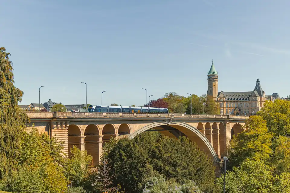 Adolphe Bridge and Spuerkeess tower above the trees