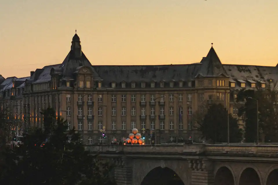 Belle Epoque building and bridge at dusk, Luxembourg City