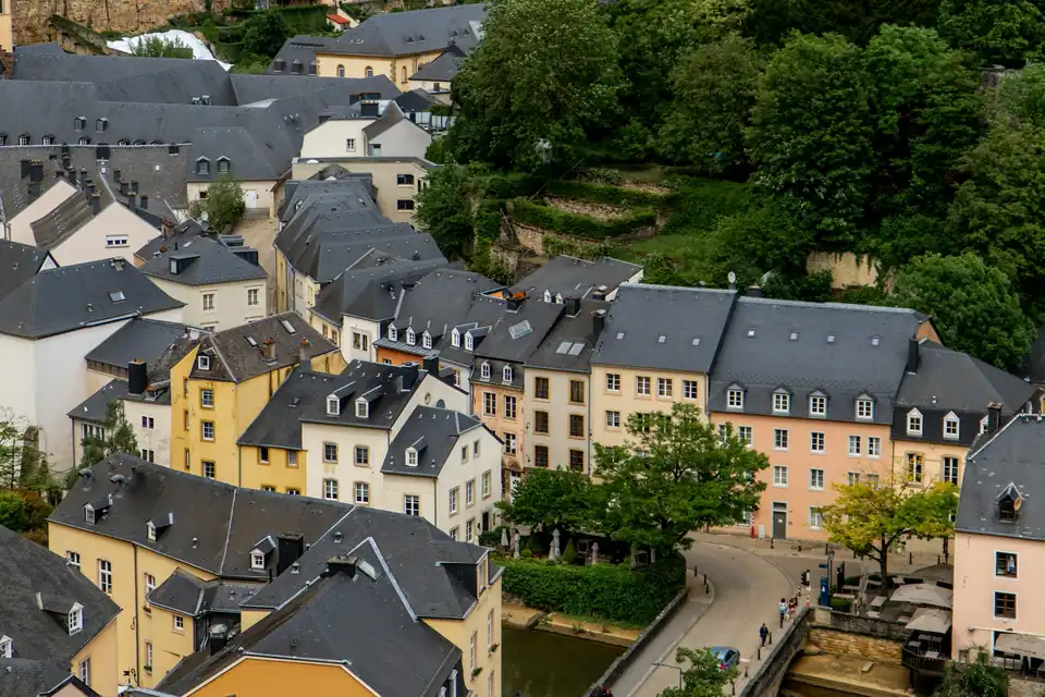 Rooftops and river walk in the Grund, Luxembourg City