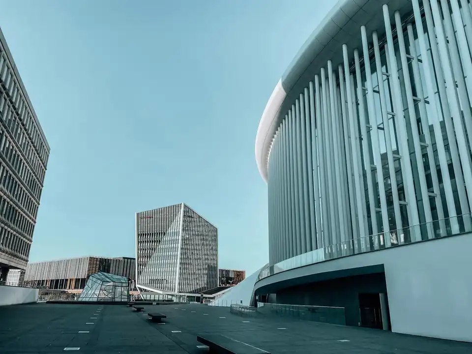 Philharmonie Luxembourg colonnade in Kirchberg