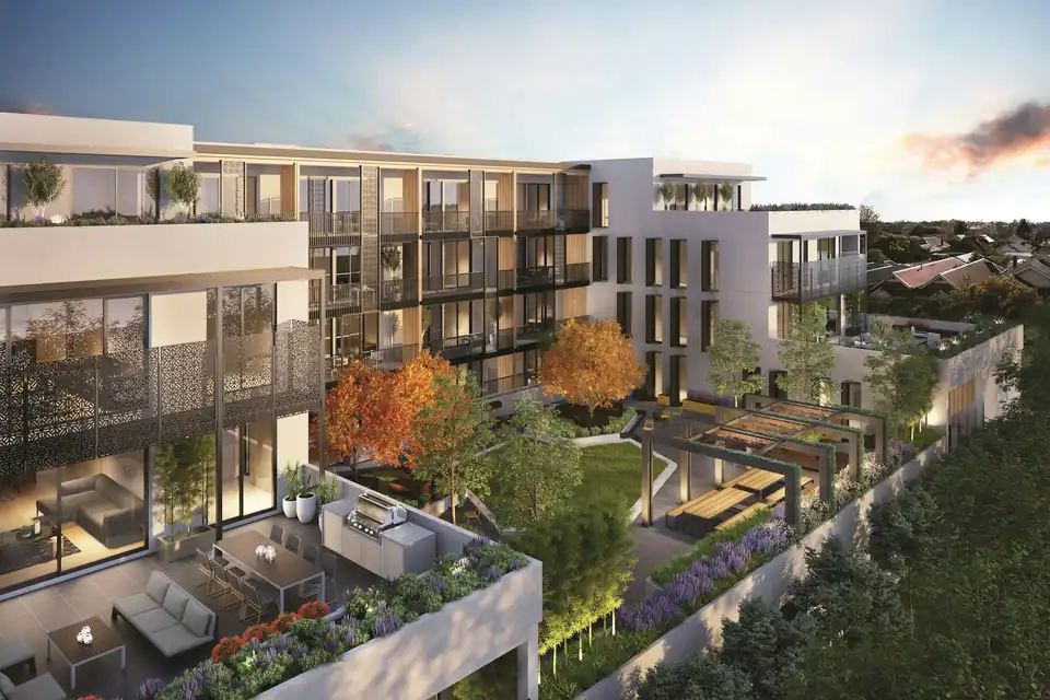 Modern residential development with terraces and gardens