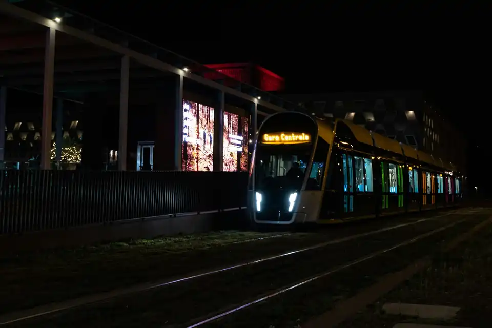 Luxembourg tram at night