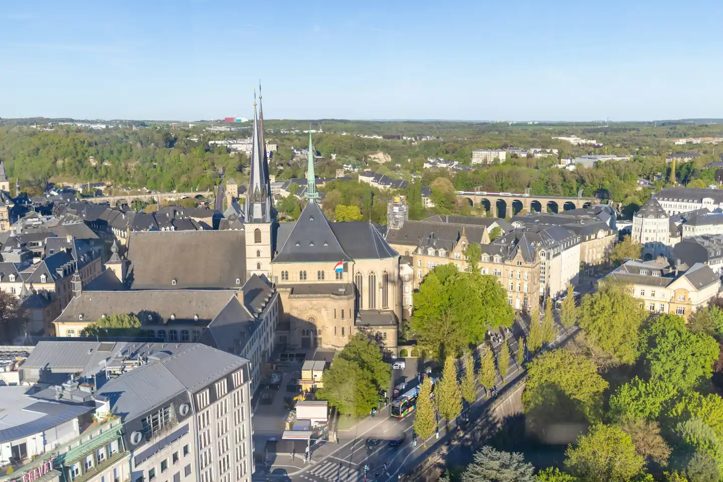 Notre-Dame Cathedral and Ville Haute seen from above in Luxembourg City