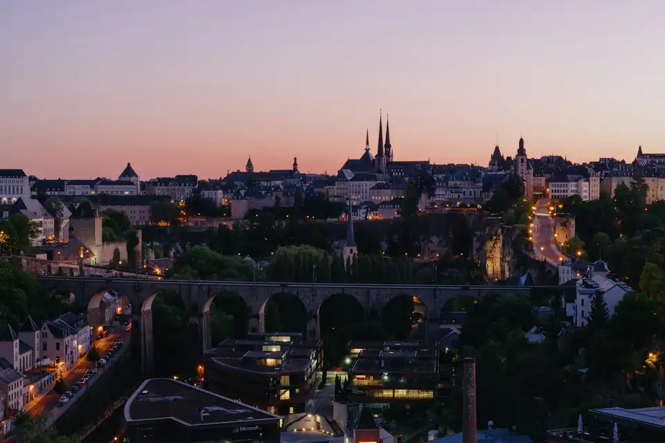 Luxembourg City skyline and viaduct at dusk